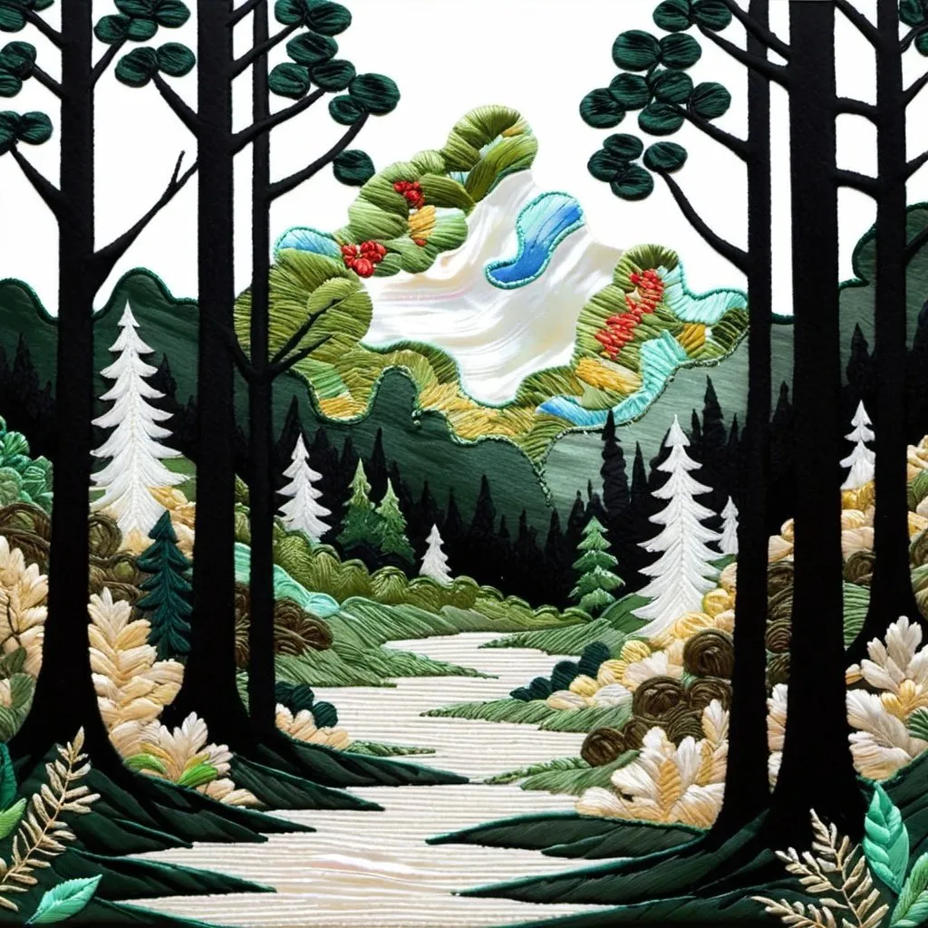 Prompt: landscape, forest, mixing styles, embroidery and mother-of-pearl gouache