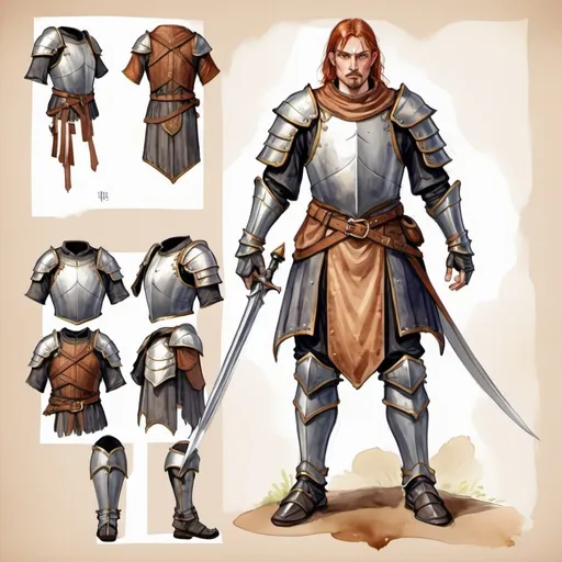 Prompt: character design for a game, low-level warrior, , design of light fabric armor with leather inserts, medieval, fantasy, digital art, gothic setting, watercolor