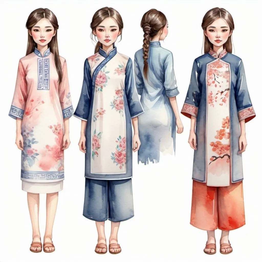 Prompt: Clothes design for girls. Full height, straight, arms along the body, Chinese motifs, modern clothing, modest appearance, watercolor. Faces with correct, realistic proportions. Small eyes.