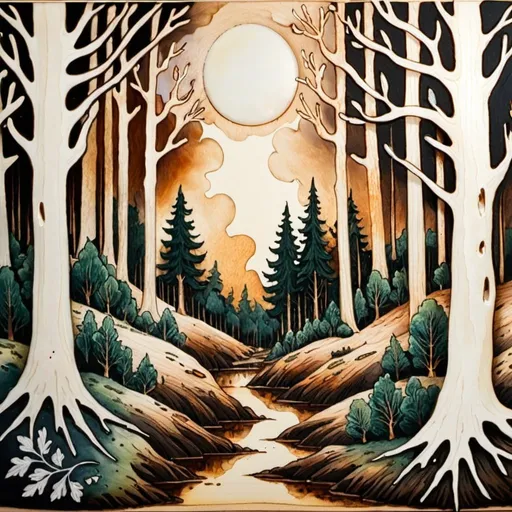 Prompt: landscape, forest, a mixture of styles: wood burning and mother-of-pearl gouache