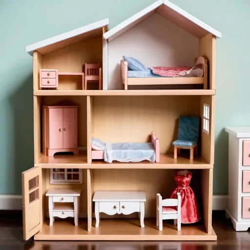 Prompt: wooden doll house, wooden furniture, doll room close up, stage, bedroom, bedside closet,