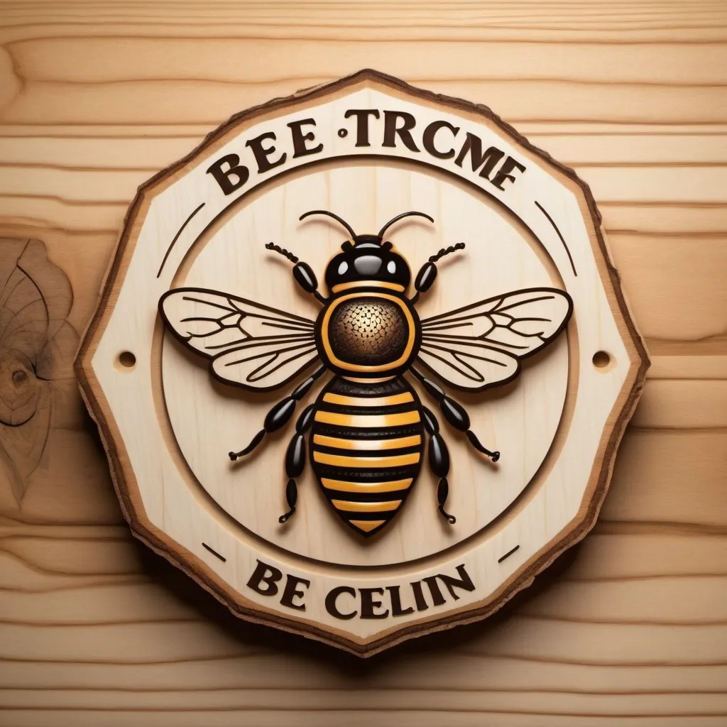 Prompt: logo, bee carries a pot above itself, wood burning, wood carving, brown lines from the effect of indentation on the plane of a wooden board