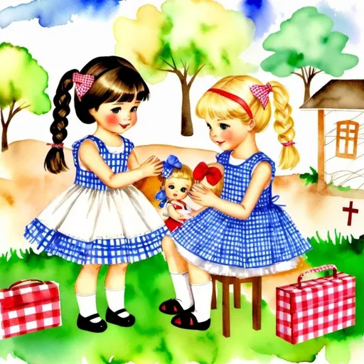 Prompt: watercolor, scene of two girls playing with dolls, one girl with dark hair and pigtails, and the other blonde with short hair, doll clothes sketched on paper in the background, digital scrapbooking, Christianity, The Gingham's Paper Dolls, cover, paper doll box
