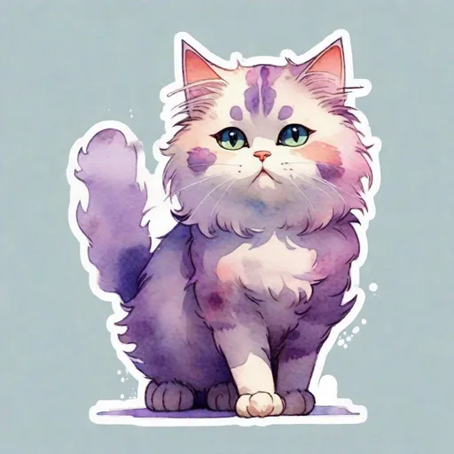 Prompt: cartoon cute fluffy purpur cat in full growth, standing sideways  with one paw raised, watercolor, discreet colors, art by Hiten pixiv, Gustav Klimt, Jeremy mann, high quality. 4k, sticker