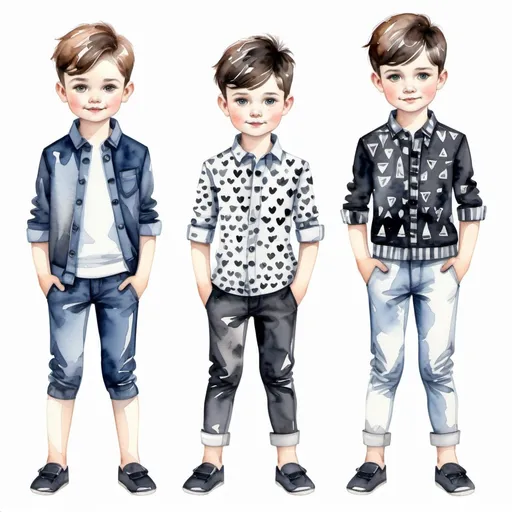 Prompt: Clothes design for boys. Full height, straight, arms along the body slightly to the side, black pattern, watercolor.  Faces with correct realistic proportions. Small eyes.