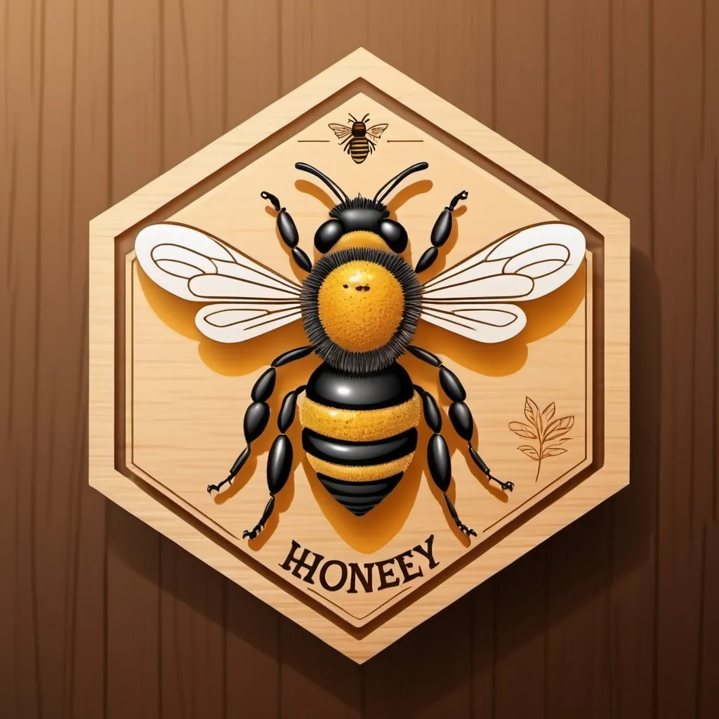 Prompt: Generate image using prompt: bee logo, wood burning, wood carving elements on a wooden hexagon, graphic brown lines, bee stylization to simple, Label on a jar of honey, design, vector, conciseness, professional logo, 