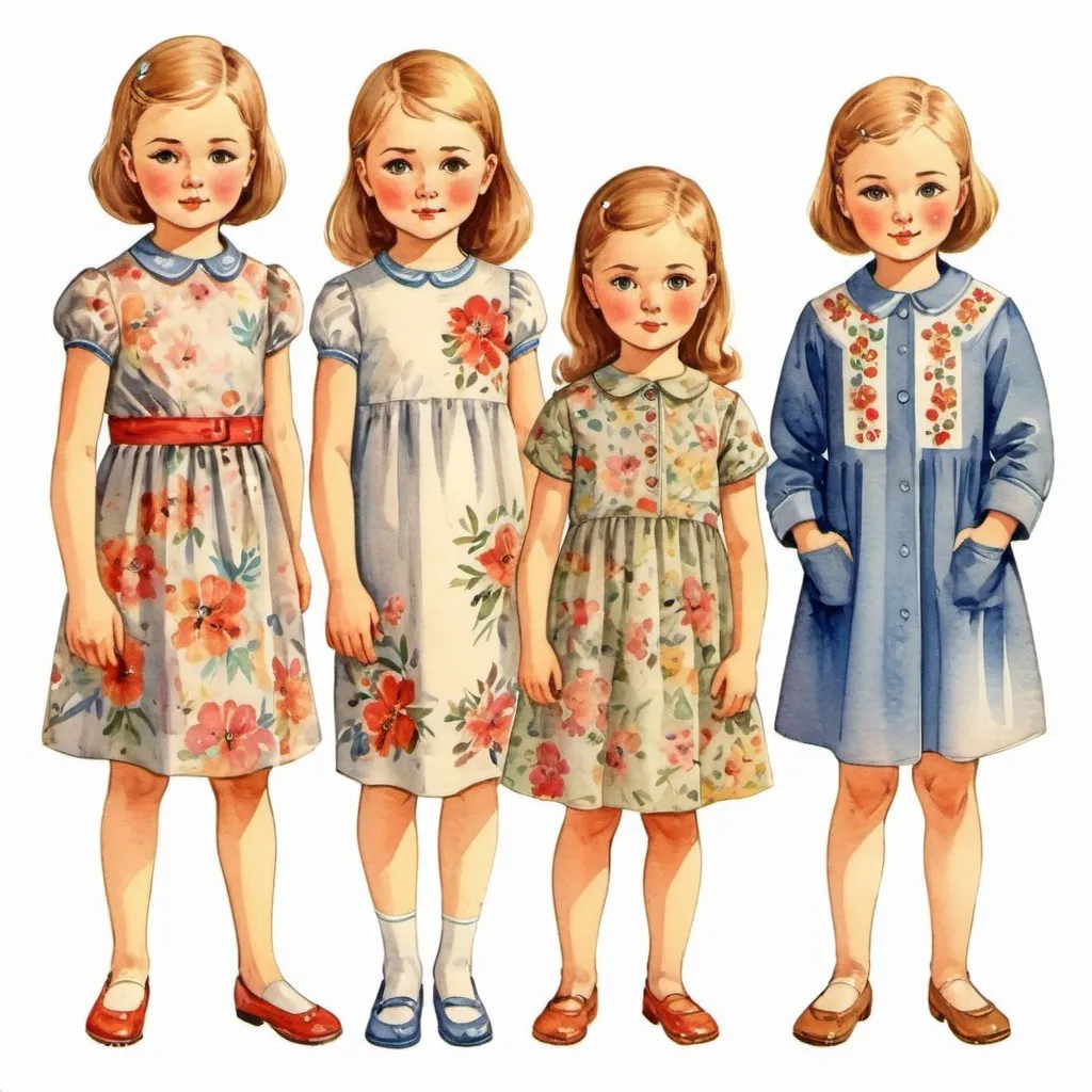 Prompt: Clothes design for seven year old girls. Full height, straight, arms along the body, floral theme in clothes. watercolor. Soviet graphics. Faces with correct, realistic proportions. Small eyes.