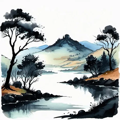 Prompt: landscape, a mixture of ink and watercolor styles