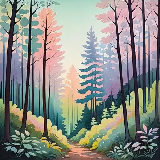 Prompt: landscape, forest, a mixture of pastel and pearlescent gouache styles
