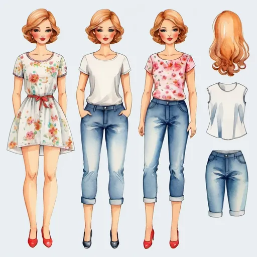 Prompt: design of beautiful casual clothes for a paper doll, two outfits, watercolor, original, classic