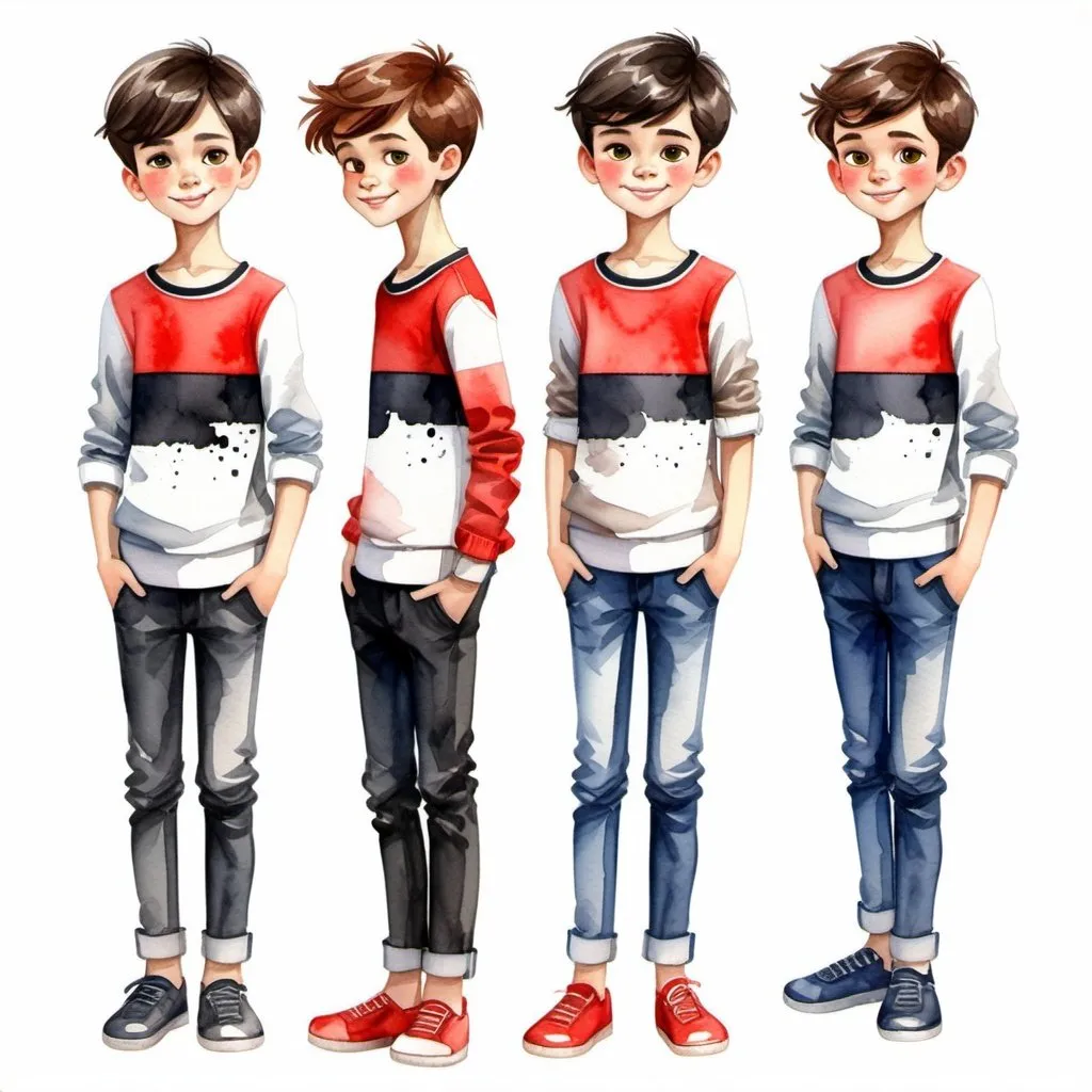 Prompt: Clothes design for boys. Full height, straight, arms along the body slightly to the side, red and black, casual clothing, modest appearance, watercolor. cartoon, comic Faces with correct realistic proportions. Small eyes.