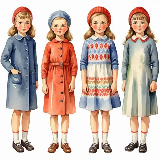 Prompt: Clothes design for seven year old girls. Full height, straight, arms along the body, knitted clothes. watercolor. Soviet graphics. Faces with correct, realistic proportions. Small eyes.