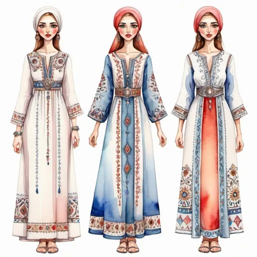 Prompt: Fashion design for girls. Full-length, straight, arms along the body, Turkish motifs, watercolor. Faces with correct realistic proportions. Small eyes.