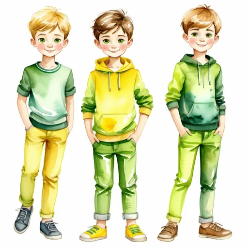 Prompt: Clothes design for boys. Full height, straight, arms along the body slightly to the side, yellow and green, casual clothing, modest appearance, watercolor. cartoon, comic Faces with correct realistic proportions. Small eyes.