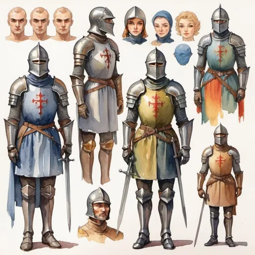 Prompt: Subdued colors, watercolor. character design for a full-length game, clothing design for a knight, fantasy, realistic body proportions, Soviet graphics. Faces with correct, realistic proportions. Small eyes.