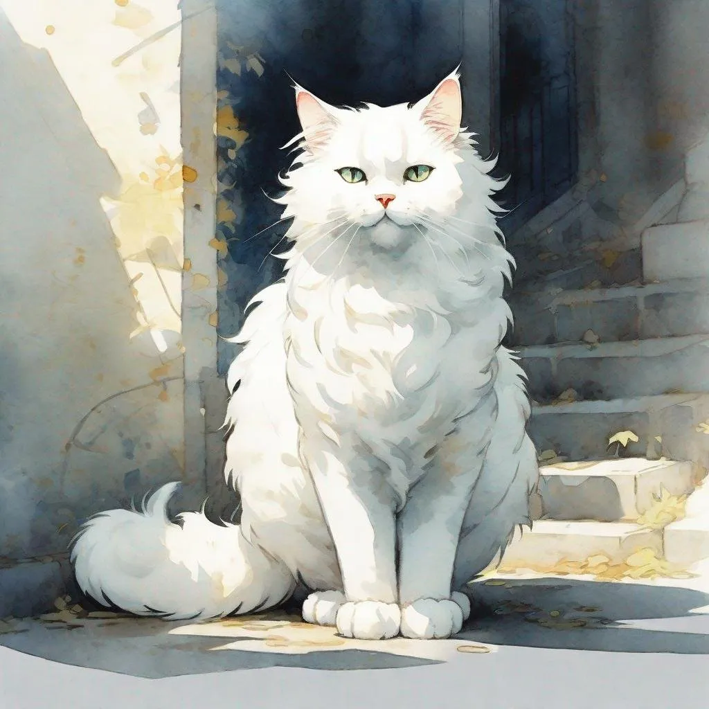 Prompt: cartoon fluffy white cat in full growth, standing sideways  with one paw raised, watercolor, discreet colors, art by Hiten pixiv, Gustav Klimt, Jeremy mann, high quality. 4k