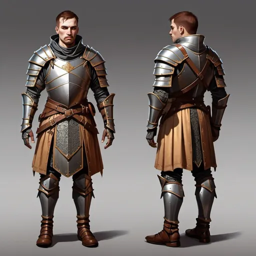 Prompt: character design for a game, warrior, design of light fabric armor with leather inserts, medieval soldier, fantasy, digital art, gothic setting,