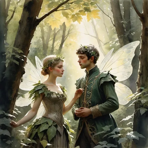 Prompt: In the wood, man and woman in costume, fairies, elves, fantasy, detailed, backlight, arntzenius, fantastical, breathtaking, digital art, high quality, high detail, leafy branches, warm sunlight filtered through leaves, intricate, stunning, Watercolor.