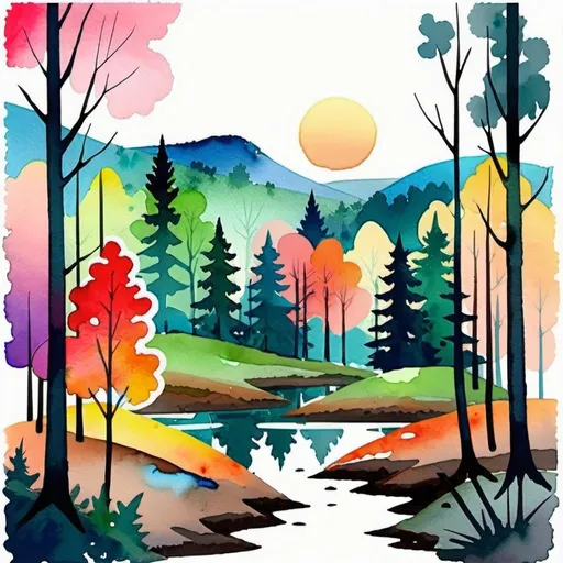 Prompt: beautiful landscape, forest, wet watercolor, simple shapes, bright colors, collage, white outline