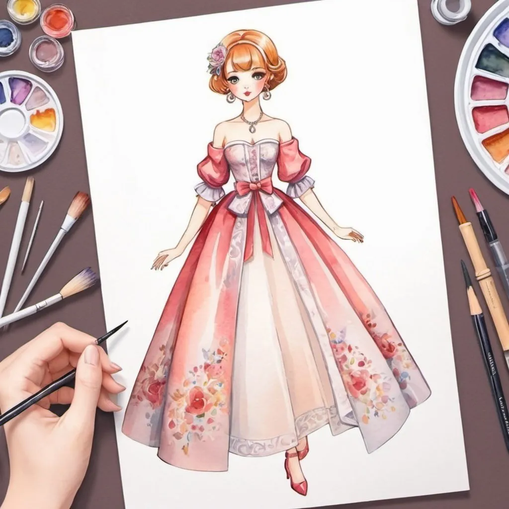 Prompt: design of beautiful elegant clothes for a paper doll, anime, comiс, watercolor, original