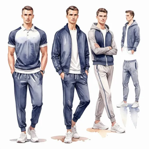 Prompt: Fashion design for men. coach, physical education teacher, Full-length, sportswear, modest appearance, watercolor. Faces with correct, realistic proportions. Small eyes.