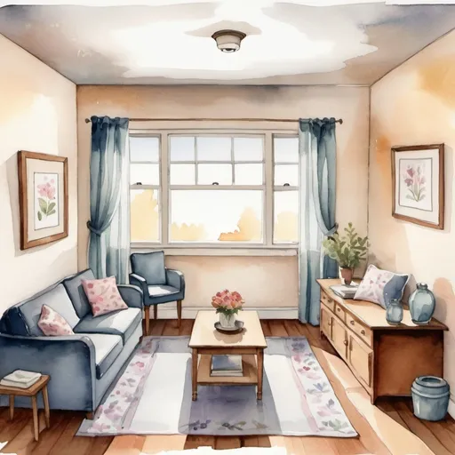 Prompt: simple room for a paper doll, living room, modest, few details, watercolor, direct perspective, front view