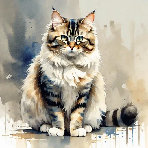 Prompt: fluffy domestic striped cat in full growth, standing sideways  with one paw raised, watercolor, discreet colors, art by Hiten pixiv, Gustav Klimt, Jeremy mann, high quality. 4k