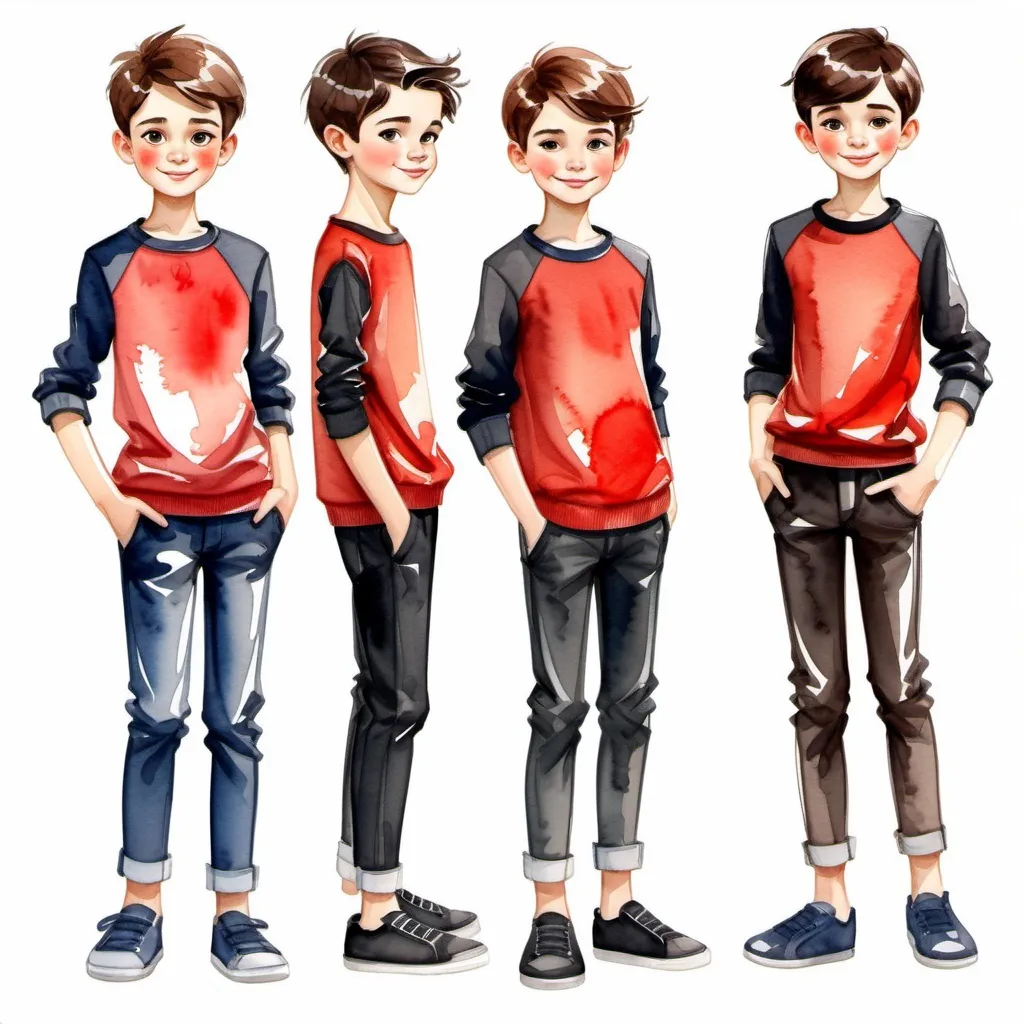 Prompt: Clothes design for boys. Full height, straight, arms along the body slightly to the side, red and black, casual clothing, modest appearance, watercolor. cartoon, comic Faces with correct realistic proportions. Small eyes.