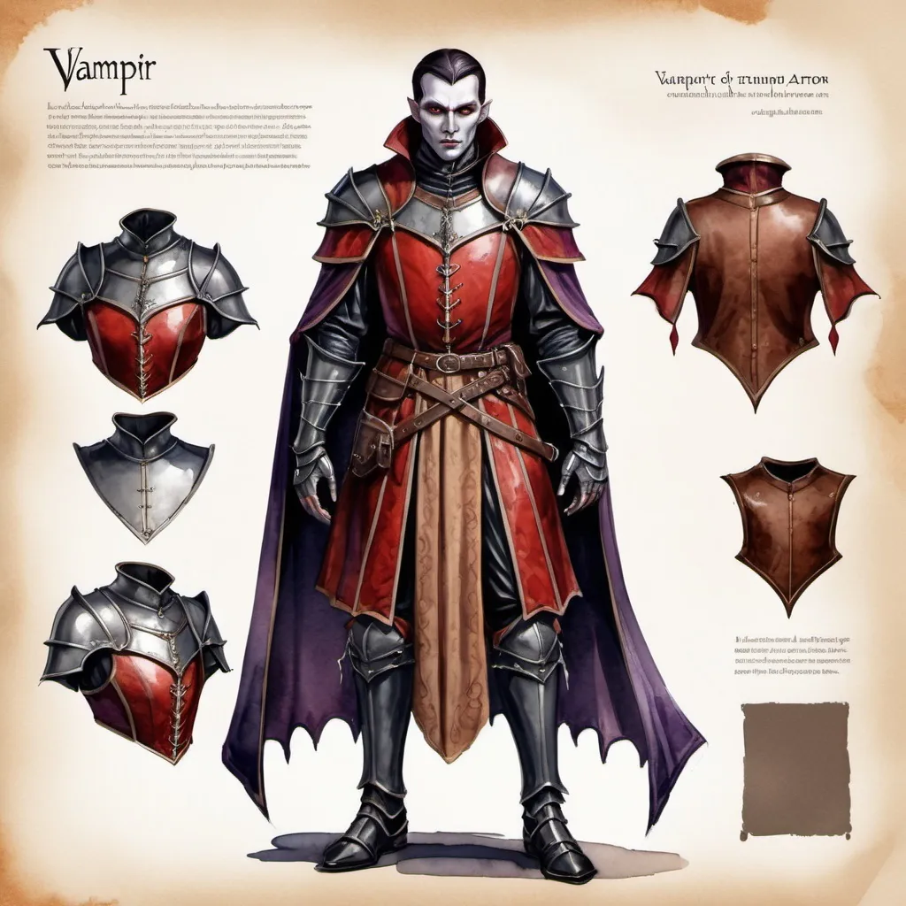 Prompt: character design for a game, vampir, design of light fabric armor with leather inserts, medieval, fantasy, digital art, gothic setting, watercolor