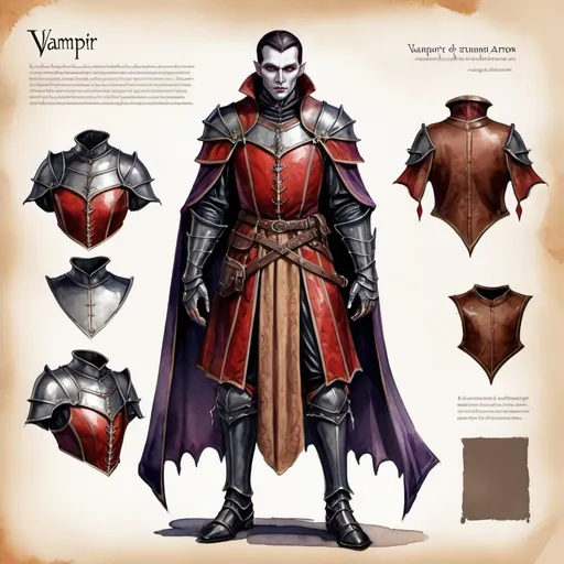 Prompt: character design for a game, vampir, design of light fabric armor with leather inserts, medieval, fantasy, digital art, gothic setting, watercolor