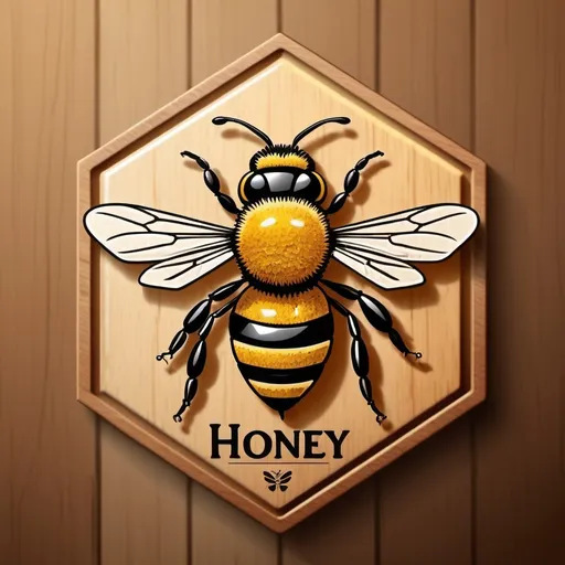 Prompt: Generate image using prompt: bee logo, wood burning, wood carving elements on a wooden hexagon, graphic brown lines, bee stylization to simple, Label on a jar of honey, design, vector, conciseness, professional logo, 