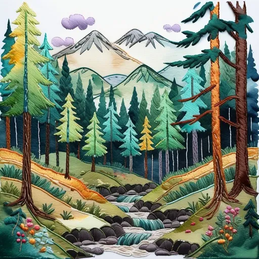 Prompt: landscape, forest, a mixture of embroidery and wet watercolor styles