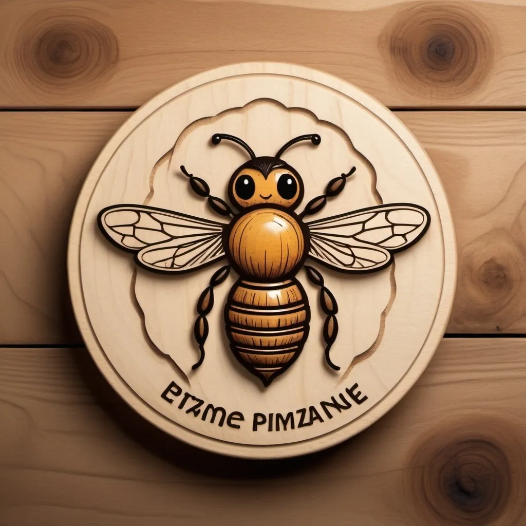 Prompt: logo, bee flying up and carrying a small pot in its paws above itself, wood burning, wood carving, brown lines from the effect of deepening on the plane of a wooden board, simple shapes, stylization