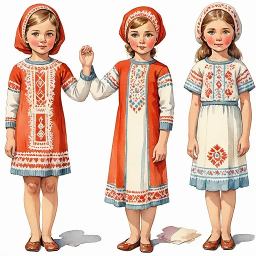 Prompt: Clothes design for seven year old girls. Full length, straight, arms along the body, Indian motifs, knitted lace, watercolor. Soviet graphics. Faces with correct, realistic proportions. Small eyes.