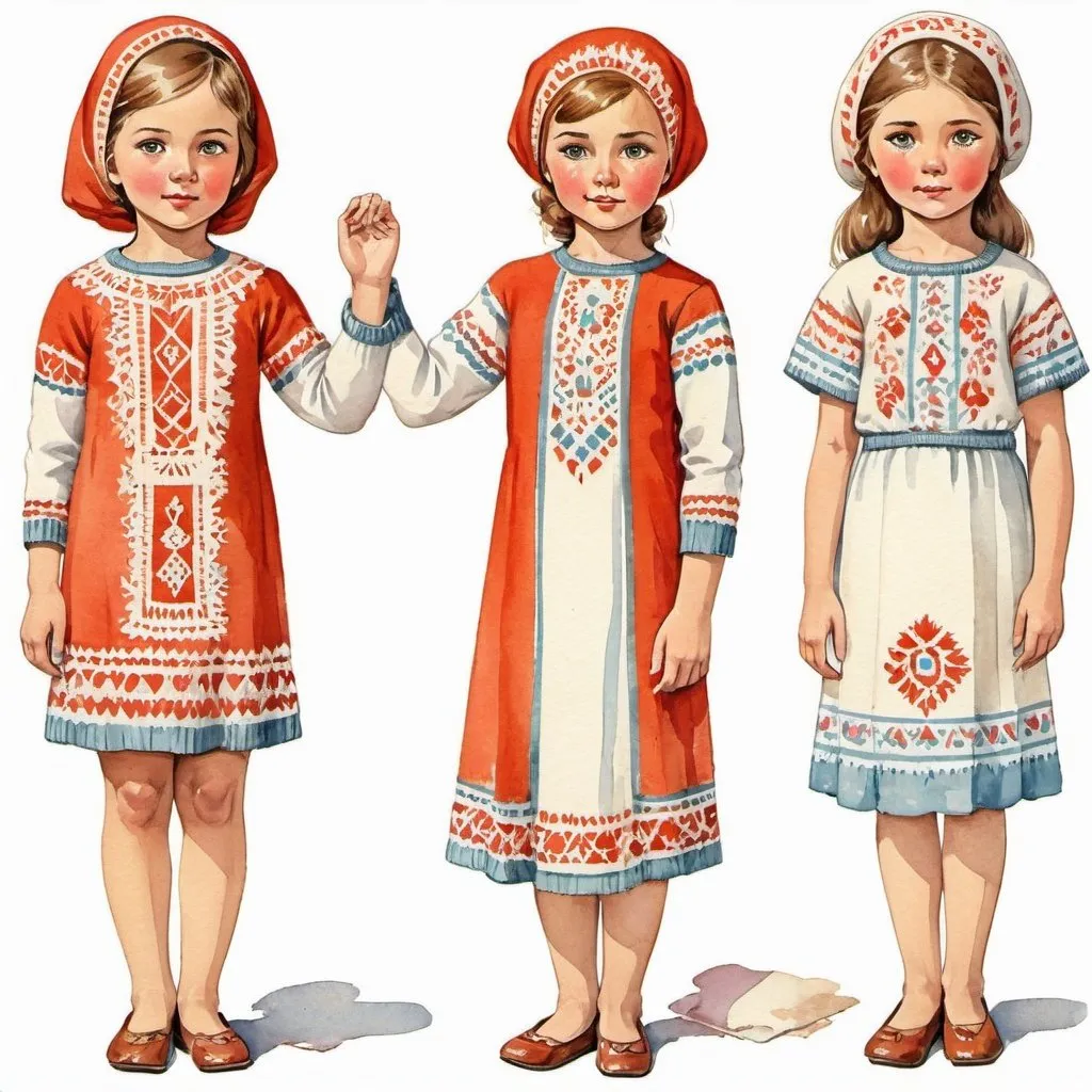 Prompt: Clothes design for seven year old girls. Full length, straight, arms along the body, Indian motifs, knitted lace, watercolor. Soviet graphics. Faces with correct, realistic proportions. Small eyes.