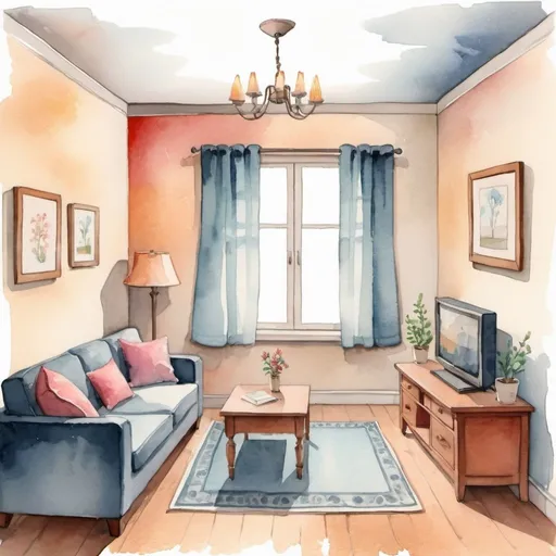 Prompt: simple room for a paper doll, living room, modest, few details, watercolor, lack of perspective, flat image, 2D