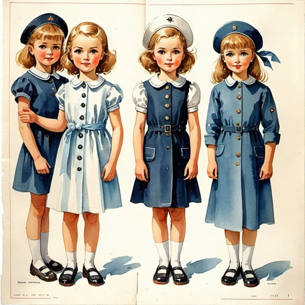 Prompt: Clothes design for seven year old girls. Full height. Marine theme. watercolor. Soviet fashion magazine, Soviet poster. Faces with correct, realistic proportions. Small eyes.
