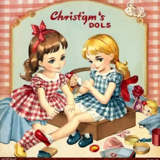 Prompt: scene of two girls playing with dolls, digital scrapbooking, Christianity, The Gingham's Paper Dolls, cover, paper doll box