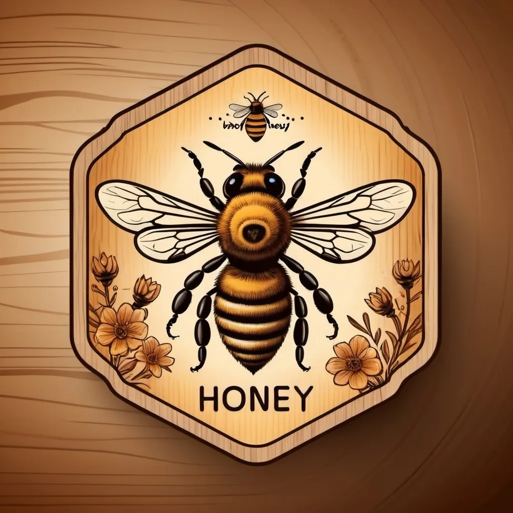 Prompt: Label on a jar of honey, design, vector, conciseness, professional logo, Generate image using prompt: bee logo, wood burning, wood carving elements on a wooden hexagon, graphic brown lines, bee stylization to simple