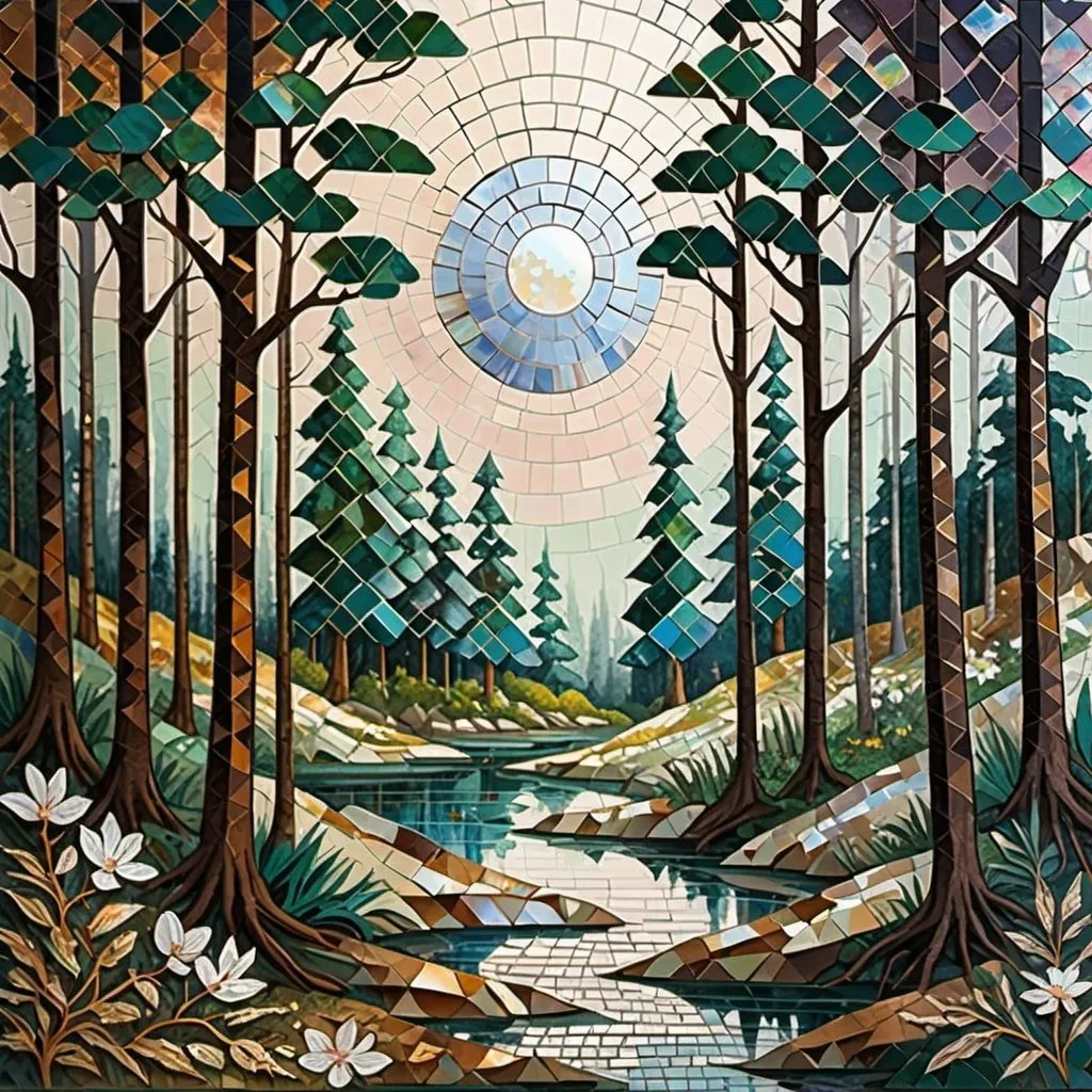 Prompt: landscape, forest, a mixture of mosaic styles and mother-of-pearl gouache