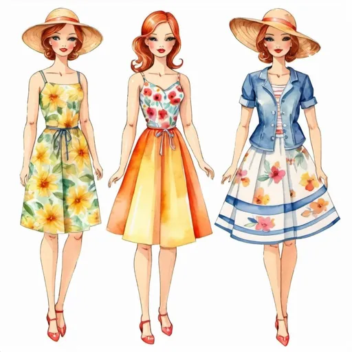 Prompt: design of beautiful summer clothes for a paper doll, two outfits, watercolor, original, classic