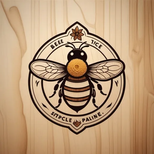Prompt: logo, bee flying up and carrying a small pot in its paws above itself, wood burning, wood carving, brown lines from the effect of deepening on the plane of a wooden board, simple shapes, stylization