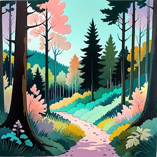 Prompt: landscape, forest, a mixture of pastel and pearlescent gouache styles