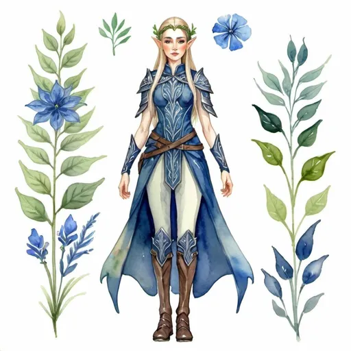 Prompt: design of elven military clothing, a full-length girl with her arms along her body, two outfits,  blue, watercolor, plant elements,