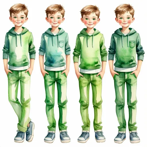 Prompt: Clothes design for boys. Full height, straight, arms along the body slightly to the side, green , casual clothing, modest appearance, watercolor. cartoon, comic Faces with correct realistic proportions. Small eyes.