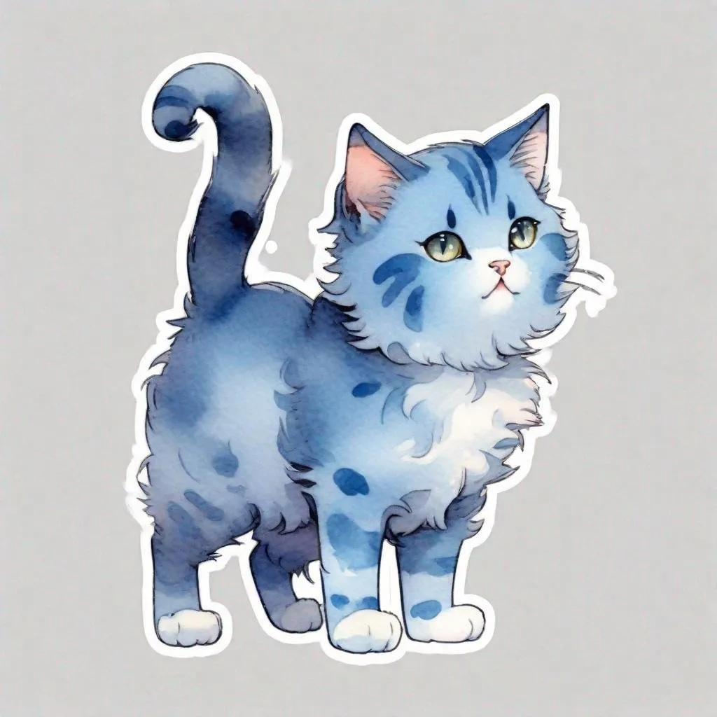 Prompt: cartoon cute fluffy blue cat in full growth, standing sideways  with one paw raised, watercolor, discreet colors, art by Hiten pixiv, Gustav Klimt, Jeremy mann, high quality. 4k, sticker