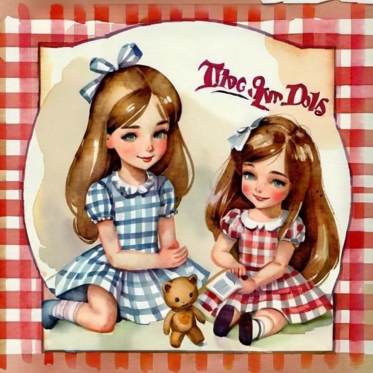 Prompt: watercolor, scene of two girls playing with dolls, doll clothes sketched on paper in the background, digital scrapbooking, Christianity, The Gingham's Paper Dolls, cover, paper doll box