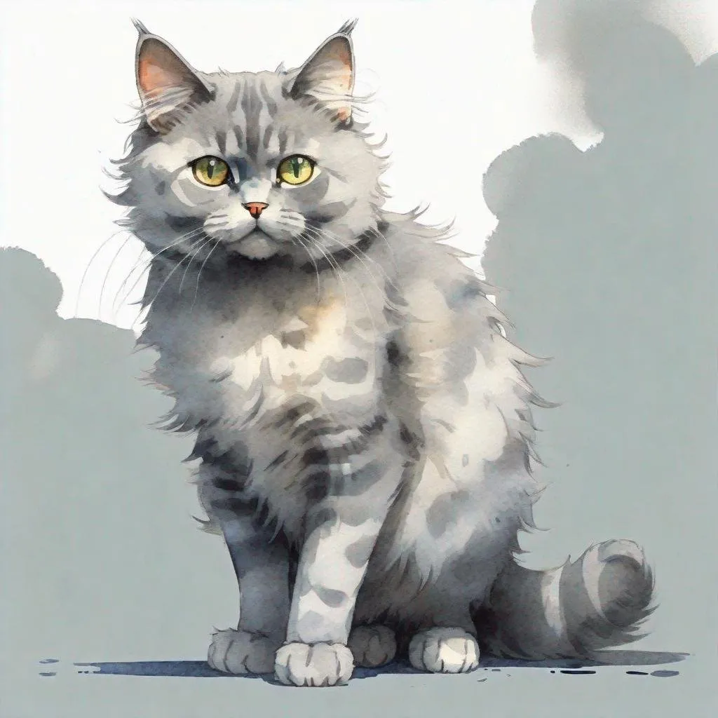 Prompt: cartoon cute fluffy gray cat in full growth, standing sideways  with one paw raised, watercolor, discreet colors, art by Hiten pixiv, Gustav Klimt, Jeremy mann, high quality. 4k