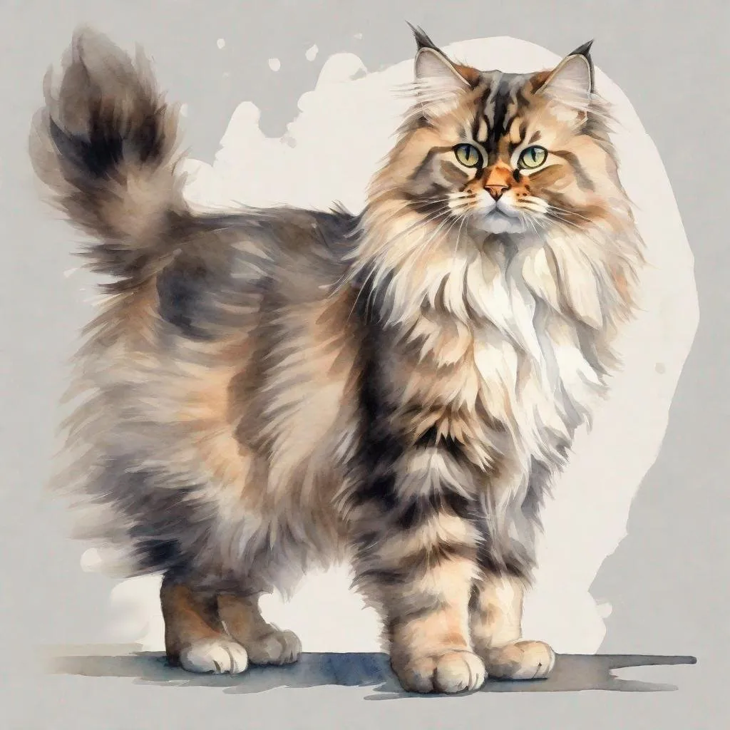 Prompt: cute fluffy Siberian cat in full growth, standing with one paw raised, watercolor, discreet colors