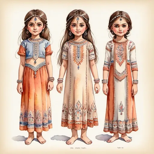 Prompt: Clothes design for seven year old girls. Full length, straight, arms along the body, Indian motifs, knitted lace, watercolor. Faces with correct, realistic proportions. Small eyes.